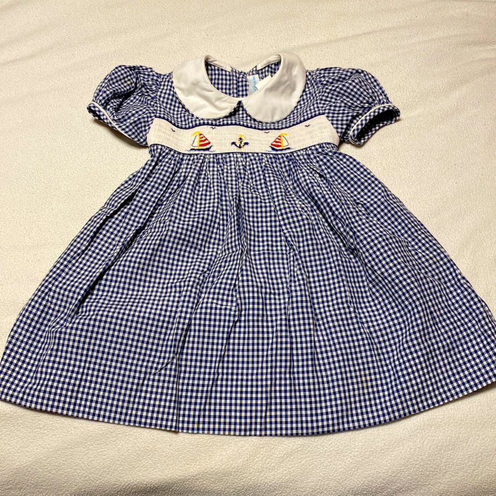 Gorgeous embroidered girls blue and white check dress with collar. 3T